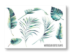 Moderan slika na platnu s motivom priroda u bijelo-plavih nijansama, svježa atmosfera, priroda i tropski raj, pogodan za kancelarije | Slika za zid s textom Watercolor exotic plants – glavna