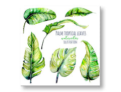 Moderan slika na platnu s motivom priroda u bijelo-zelenih nijansama, svježa atmosfera, priroda i tropski raj, pogodan za dnevnog boravka | Slika za zid s textom Palm tropical leaves – glavna