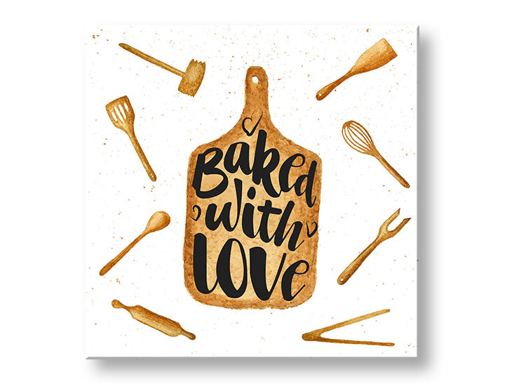 Rustikalan slika na platnu u bijelo-smeđih nijansama, ugodna atmosfera, ljubav, pogodan za kuhinje | Slika za zid s textom Baked with love – glavna