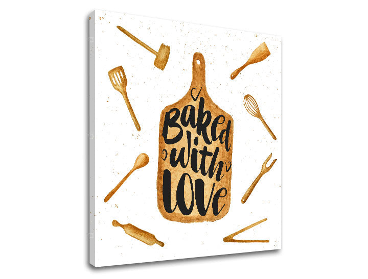 Rustikalan slika na platnu u bijelo-smeđih nijansama, ugodna atmosfera, ljubav, pogodan za kuhinje | Slika za zid s textom Baked with love – proizvod