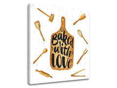 Rustikalan slika na platnu u bijelo-smeđih nijansama, ugodna atmosfera, ljubav, pogodan za kuhinje | Slika za zid s textom Baked with love – proizvod