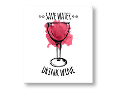 Moderan slika na platnu s motivom čaša vina, priroda u bijelo-crvenih nijansama, razigrana atmosfera, minimalizam, pogodan za kuhinje | Slika za zid s textom Save water – Drink Wine – glavna
