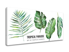 Industrijski slika na platnu s motivom priroda u bijelo-zelenih nijansama, svježa atmosfera, priroda, pogodan za dnevnog boravka | Slika za zid s textom Tropical paradise – proizvod