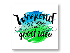 Moderan slika na platnu s motivom dječji motiv u plavo-zelenih nijansama, vesela atmosfera, vrijeme, pogodan za kuhinje | Slika za zid s textom Weekend – glavna