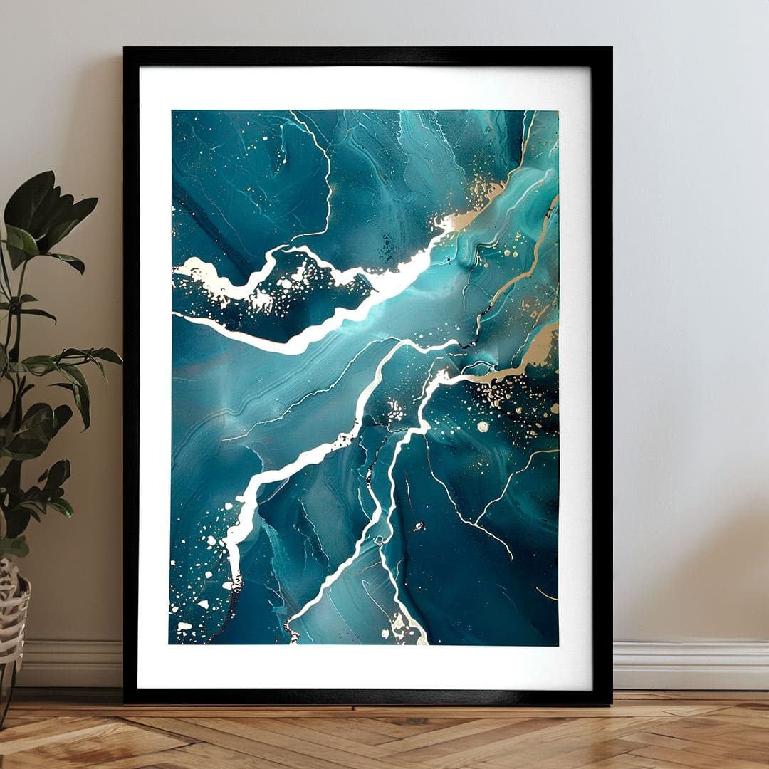 Moderan slika na platnu u tirkizno-zlatnih nijansama, elegantna atmosfera, priroda i luksuzan utisak | Poster za zid s EXTRA efektom - Marble of Sea – proizvod