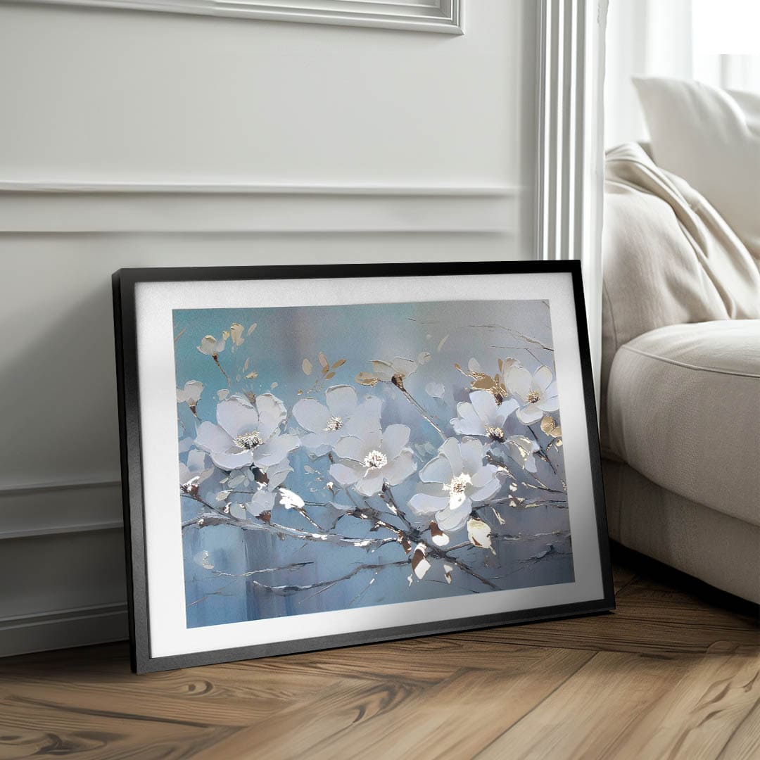 Moderan slika na platnu s motivom grane, lišće u krem-zlatnih nijansama, mirna atmosfera, priroda i proljetna atmosfera | Poster za zid s EXTRA efektom - Nordic Bloom – proizvod
