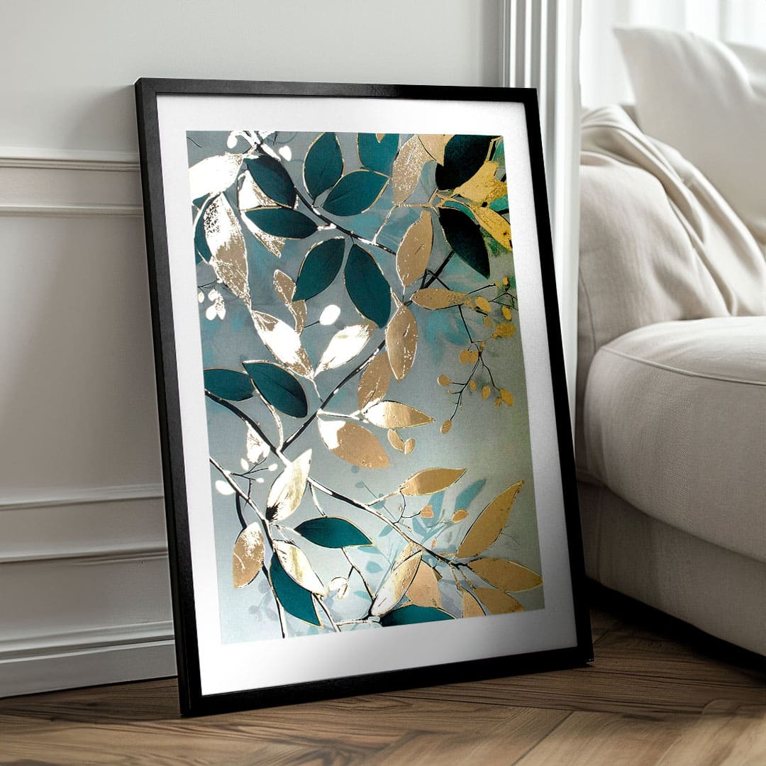 Moderan slika na platnu s motivom lišće, grane u tirkiznih nijansama, sofisticirana atmosfera, priroda i rast i razvoj | Poster za zid s EXTRA efektom - Nordic Flora – proizvod