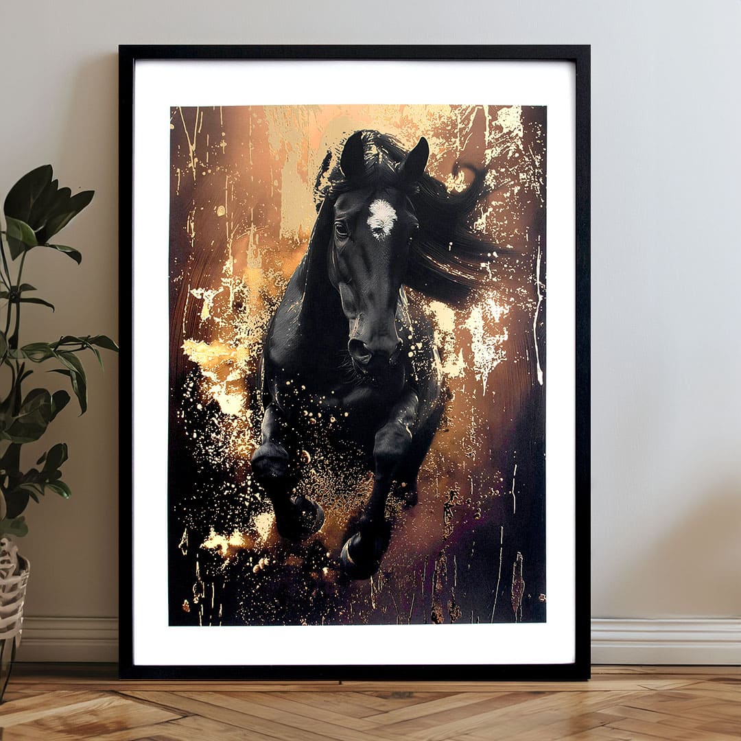 Moderan slika na platnu s motivom konj u crno-bijelih nijansama, dramatična atmosfera, snaga i priroda | Poster za zid s EXTRA efektom - Valkyrie's Ride – proizvod
