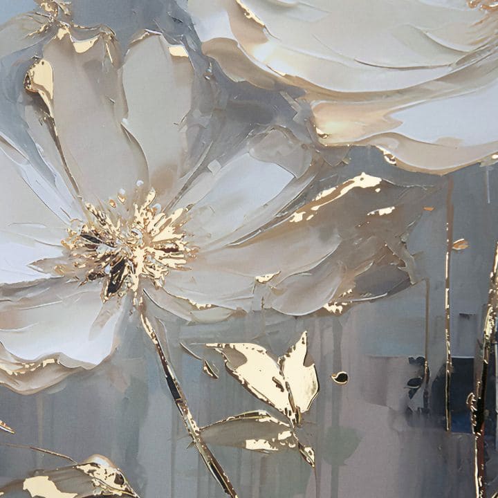 Moderan slika na platnu s motivom cvijet, lišće u krem-zlatnih nijansama, elegantna atmosfera, priroda i luksuzan utisak | Poster za zid s EXTRA efektom - Golden Petals – proizvod, pogled 2
