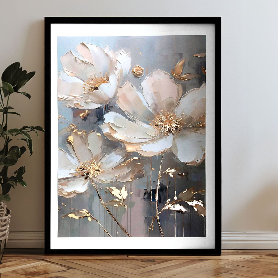 Moderan slika na platnu s motivom cvijet, lišće u krem-zlatnih nijansama, elegantna atmosfera, priroda i luksuzan utisak | Poster za zid s EXTRA efektom - Golden Petals – proizvod
