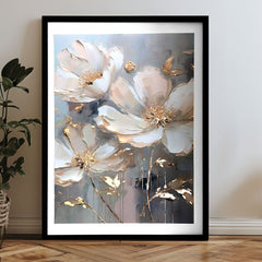 Moderan slika na platnu s motivom cvijet, lišće u krem-zlatnih nijansama, elegantna atmosfera, priroda i luksuzan utisak | Poster za zid s EXTRA efektom - Golden Petals – proizvod