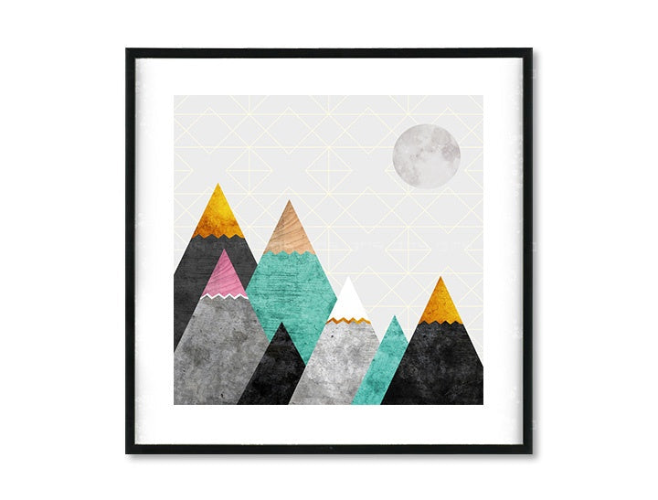 Rustikalan slika na platnu s motivom Moonlight, planine, mjesec, geometrijski uzorci, mapa u ružičasto-sivih nijansama, mirna atmosfera, pogodan za dječije sobe – glavna