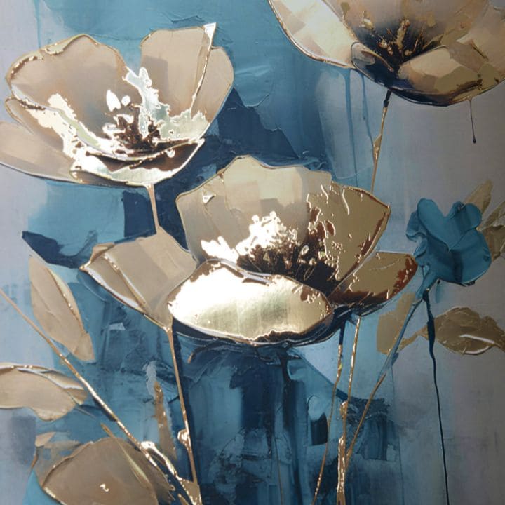 Moderan slika na platnu u zlatno-tirkiznih nijansama, elegantna atmosfera, priroda i luksuzan utisak | Poster za zid s EXTRA efektom - Teal Flowers – proizvod, pogled 2