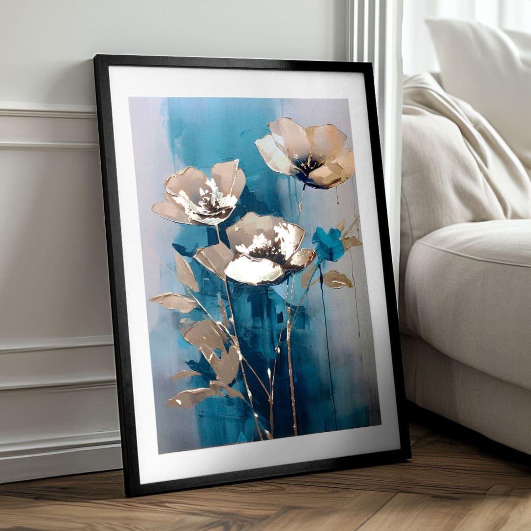 Moderan slika na platnu u zlatno-tirkiznih nijansama, elegantna atmosfera, priroda i luksuzan utisak | Poster za zid s EXTRA efektom - Teal Flowers – proizvod