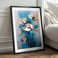 Moderan slika na platnu u zlatno-tirkiznih nijansama, elegantna atmosfera, priroda i luksuzan utisak | Poster za zid s EXTRA efektom - Teal Flowers – proizvod