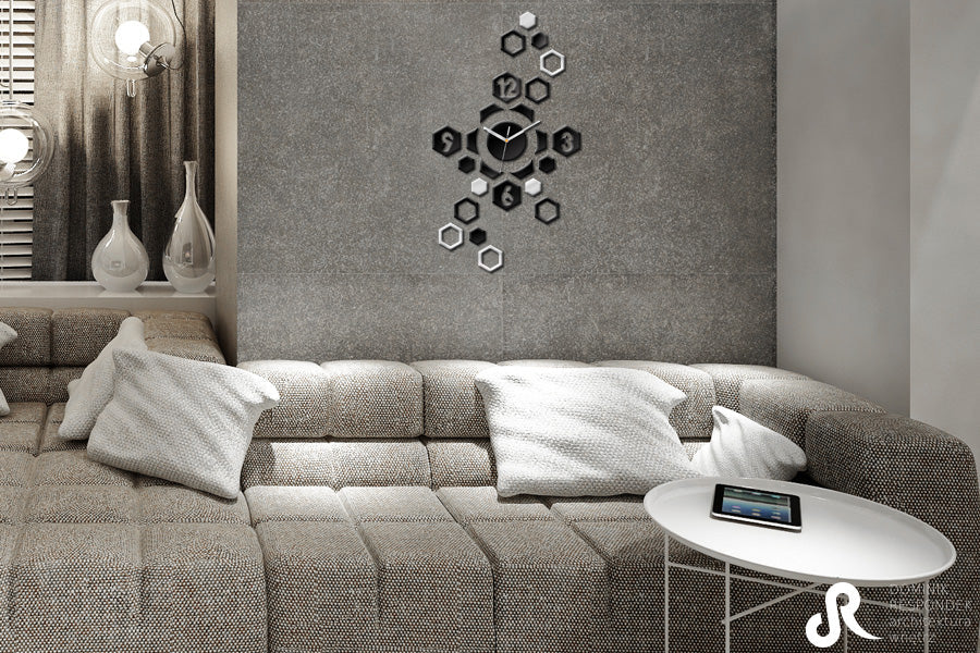 Moderan slika na platnu s motivom HEXAGON, dječji motiv u bijelo-srebrnih nijansama okačena u enterijeru kancelarije, mirna atmosfera, vrijeme i minimalizam – enterijer
