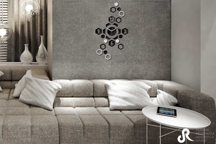 Moderan slika s motivom HEXAGON, dječji motiv u bijelo-srebrnih nijansama | Moderan zidni sat HEXAGON, vrijeme i minimalizam – pregled