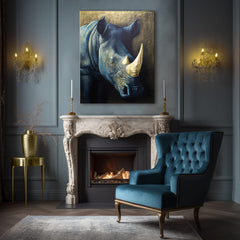 Sa zlatnim tiskom slika na platnu s motivom Rhino's Armor of the Savanna, životinja u plavo-zlatnih nijansama, veličanstvena atmosfera, pogodan za radne sobe – proizvod