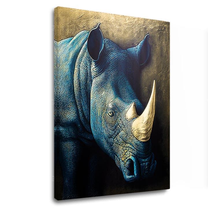 Sa zlatnim tiskom slika na platnu s motivom Rhino's Armor of the Savanna, životinja u plavo-zlatnih nijansama, veličanstvena atmosfera, pogodan za radne sobe – glavna