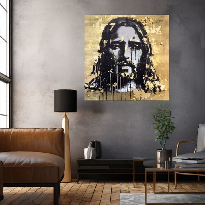 Sa zlatnim tiskom slika na platnu s motivom Heavenly Gaze, pejzaž, religiozni motiv u zlatno-crnih nijansama, svečana atmosfera, pogodan za dnevnog boravka – proizvod