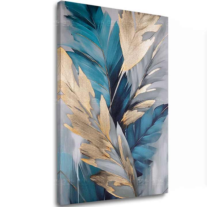 Moderna slika na platnu s motivom NEBESKO PERJE u tirkizno-zlatnim nijansama, elegantna atmosfera, priroda i luksuzan utisak | Zlatni dodir na platnu NEBESKO PERJE – glavna