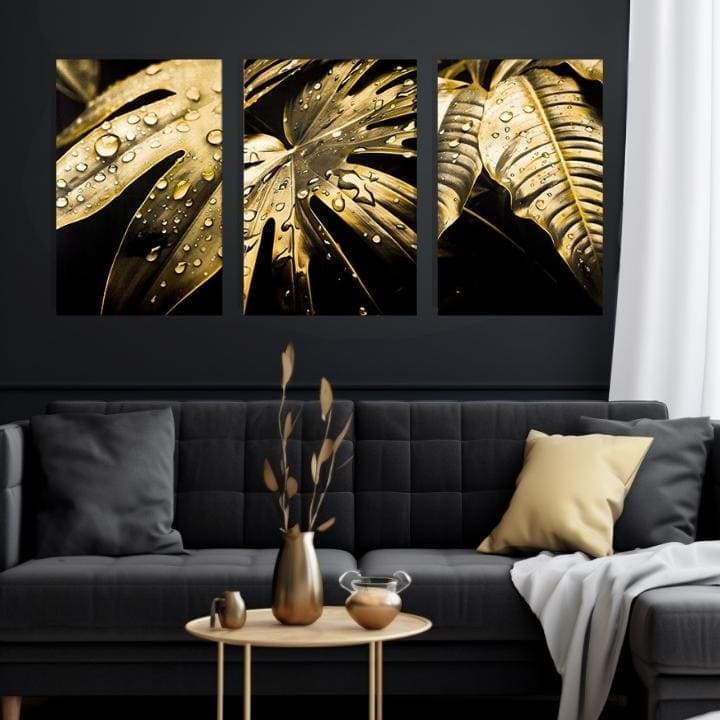 Sa zlatnim tiskom slika na platnu s motivom Dance of the Gold Leaves, priroda u zlatno-crnih nijansama, luksuzna atmosfera, priroda i luksuzan utisak – proizvod