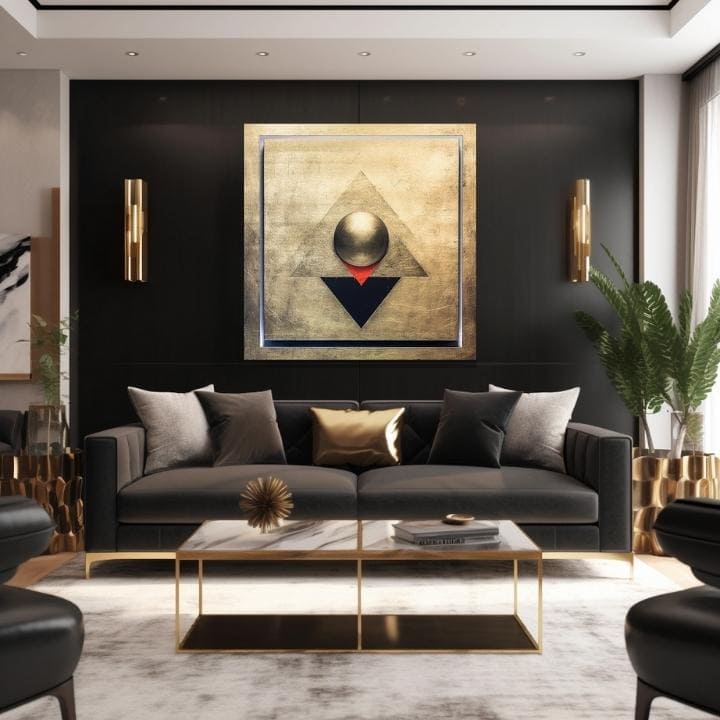 Sa zlatnim tiskom slika na platnu s motivom Symmetry in Gold u srebrno-zlatnih nijansama, kontemplativna atmosfera, minimalizam, pogodan za dnevnog boravka – proizvod