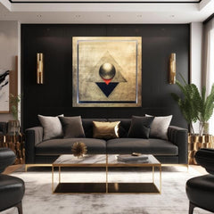 Sa zlatnim tiskom slika na platnu s motivom Symmetry in Gold u srebrno-zlatnih nijansama, kontemplativna atmosfera, minimalizam, pogodan za dnevnog boravka – proizvod