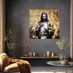 Sa zlatnim tiskom slika na platnu s motivom Strength of Christ, pejzaž, religiozni motiv u bijelo-zlatnih nijansama, svečana atmosfera, pogodan za dnevnog boravka – proizvod