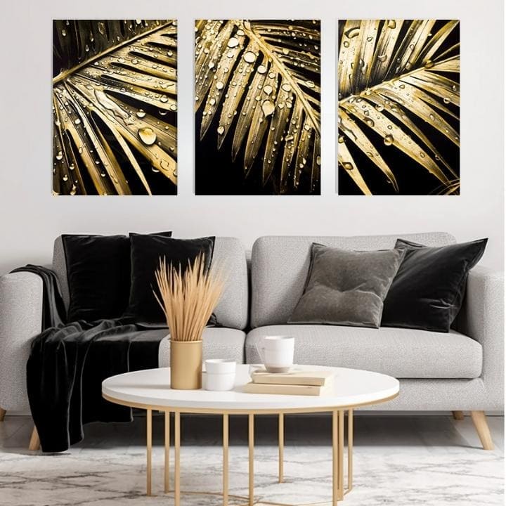 Sa zlatnim tiskom slika na platnu s motivom Secret of the Nature, pejzaž, priroda u zlatno-crnih nijansama, elegantna atmosfera, trodijelna izvedba – proizvod