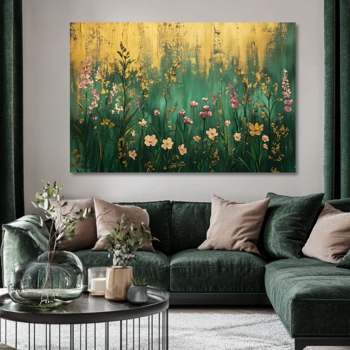 Ručno slikan slika na platnu s motivom zlatno okamihy prirode, zlatni akcenti u zlatno-tirkiznih nijansama, elegantna atmosfera | Slika zlatno okamihy prirode – proizvod