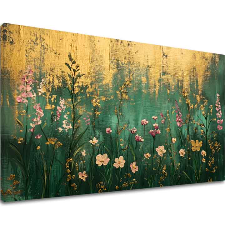 Ručno slikan slika na platnu s motivom zlatno okamihy prirode, zlatni akcenti u zlatno-tirkiznih nijansama, elegantna atmosfera | Slika zlatno okamihy prirode – glavna